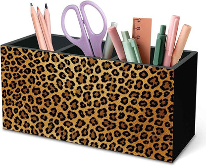 DILSJ Trendy Retro Leopard Pen Pencil Holder Organizer for Desk, Cheetah Print Room Decor, Golden Cheetah Print Office Supplies Wooden Box Signs for Women Office Desk Tabletop Decoration