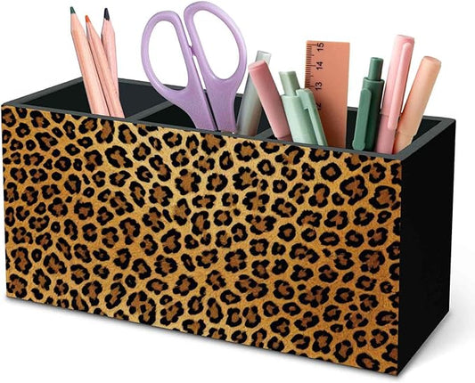 DILSJ Trendy Retro Leopard Pen Pencil Holder Organizer for Desk, Cheetah Print Room Decor, Golden Cheetah Print Office Supplies Wooden Box Signs for Women Office Desk Tabletop Decoration