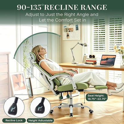 Ergonomic Office Chair with Footrest, High Back Home Desk Computer Chair with Lumbar Support & Headrest, 90-135° Reclining Mesh Back with Wheels for Work, Gaming, Green