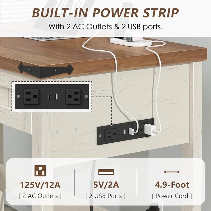 YOMILUVE Farmhouse Computer Desk with 2 Drawers, 39 Inch Small Office Computer Desk with Power Outlets, Compact Writing Study Desk for Small Spaces, Antique White