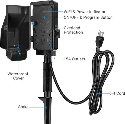 DEWENWILS WiFi Smart Yard Stake Plug with 6 Outlets, Voice Control, Waterproof Power Stake Timer with 6Ft Cord, Alexa&Google Assistant Compatible, 1875W/15A, for Outdoor Decoration Lights