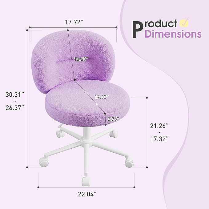 Homkdom Small Round Vanity Chair, Armless Home Office Desk Chairs with Back, Height Adjustable & 360° Swivel, Cute Comfy Vanity Computer Chair for Bedroom, Home Office, Purple