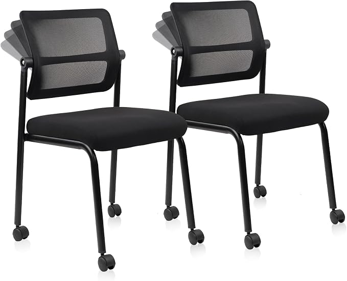 CLATINA Stacking Armless Office Waiting Room Chair with Wheels, Stackable Mesh Guest Reception Desk Chairs with Adjustable Backrest for Conference Lobby Side School, Black, 2 Pack