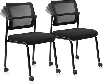 CLATINA Stacking Armless Office Waiting Room Chair with Wheels, Stackable Mesh Guest Reception Desk Chairs with Adjustable Backrest for Conference Lobby Side School, Black, 2 Pack