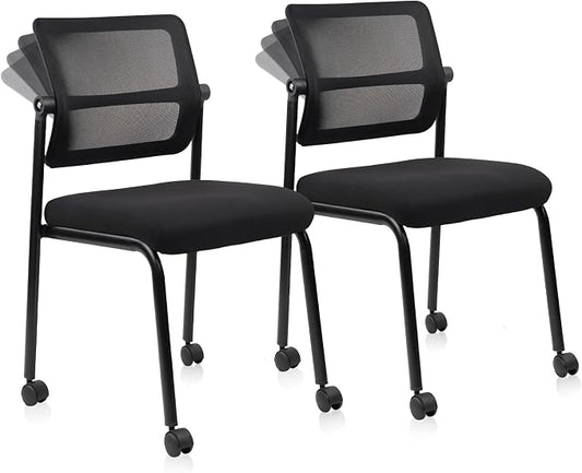 CLATINA Stacking Armless Office Waiting Room Chair with Wheels, Stackable Mesh Guest Reception Desk Chairs with Adjustable Backrest for Conference Lobby Side School, Black, 2 Pack