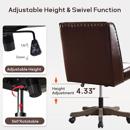 Zihanhome Armless Home Office Chair with Wooden Legs, Modern Leather Upholstered Office Desk Chair No Arms Sewing Chair Adjustable Swivel Desk Chair for Farmhouse Office Study Studio, Reddish