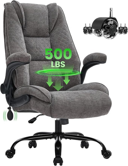 CIOMAN 500lbs Big and Tall Office Chair with Inflatable Lumbar Support for Back Pain, Executive Office Chair with Flip Up Arms and Rocking Function, Wide Cushion Computer Chair for All-Day Sitting