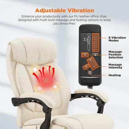 HOMREST Heated Office Chair, Beige | Vibrating Massage, Ergonomic Executive Desk Chair, Retractable Footrest and Lumbar Support, High-Back Reclining PU Leather