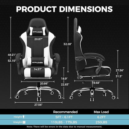GTPLAYER Gaming Chair, Computer Chair with Footrest and Lumbar Support, Height Adjustable Game Chair with 360°-Swivel Seat and Headrest and for Office or Gaming (Fabric, Black White)