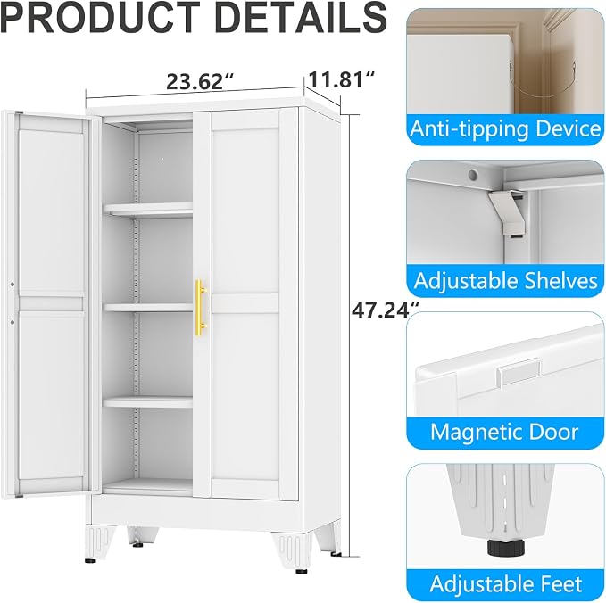 pozdeg 47.24" Tall Metal Storage Cabinet with 2 Doors & 3 Adjustable Shelves, Steel File Cabinet Multipurpose Organizer for Home Office Garage (White)