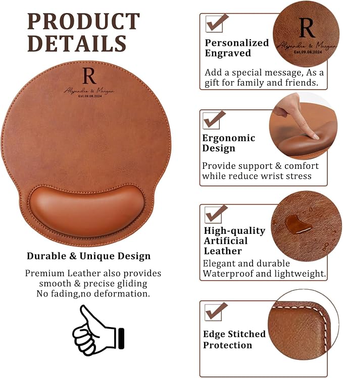 Personalized Leather Custom Mouse Pad with Wrist Rest,Customized Mouse Pads for Desk,Perfect Gift for Weddings, Anniversaries, Birthdays,and Special Occasions (C (Brown-Round with Wrist Rest))