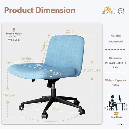 SUNLEI Cross Legged Office Chair with Wheels, Armless Wide Chair's for Vanity Desk, Criss Cross Comfy Chairs with Back, Desk Chair/s of Height Adjustable Swivel, Blue