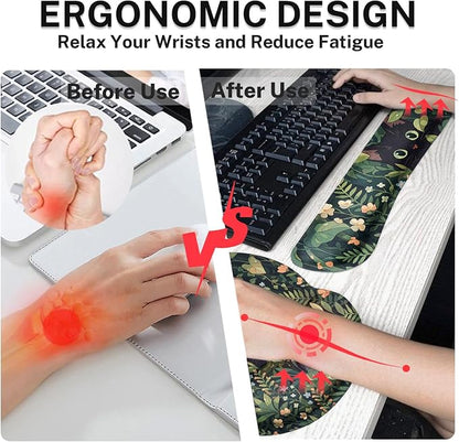 Britimes Green Plants Keyboard Mouse Pad Set Cute Black Cat 4in1 Large Mousepad+Keyboard Wrist Rest+Mouse Wrist Rest+Coaster Ergonomic Design for Home Office Computer 35.4x15.7 inches