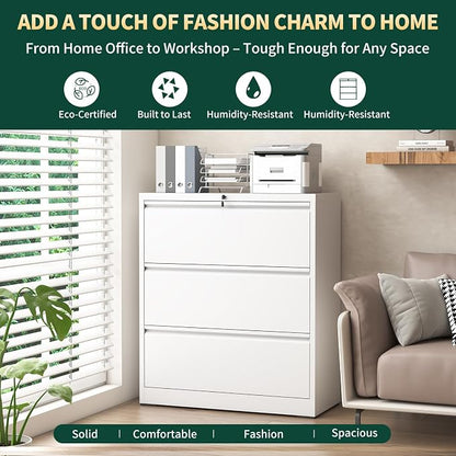Lateral File Cabinet with Lock, 3 Drawer Metal File Cabinets for Home Office, Large Filing Storage Cabinet Printer Stand, Steel Wide File Cabinet for Legal/A4/F4/Letter Size Files, White
