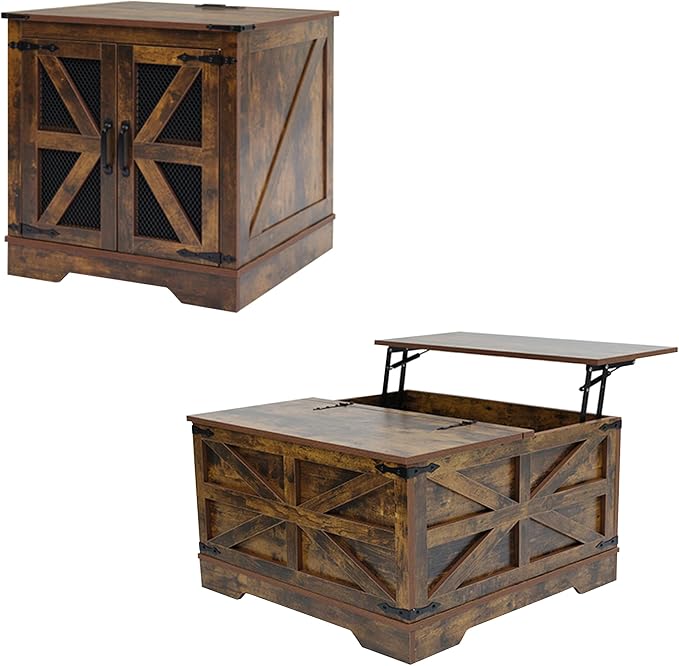 Farmhouse Coffee Table and End Table Sets of 2, 2 Piece Living Room Tables Set with Charging Station, Lift Top Coffees and Large Side, Wood Furniture Sets with Storage, Brown