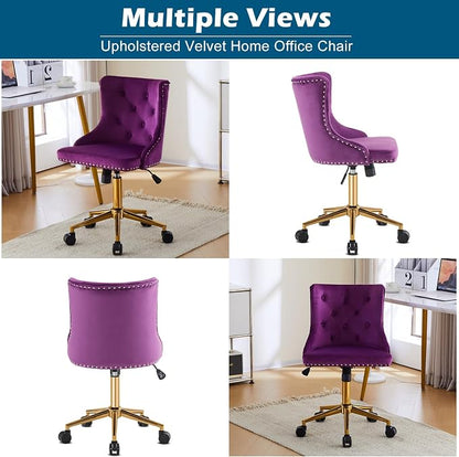 VINGLI Dark Purple Armless Home Office Desk Chair with Gold Base/Wheels, Small Cute Vanity/Makeup Chair with Back for Bedroom, Upholstered Adjustable Rolling Swivel Nail Chair for Women/Girls