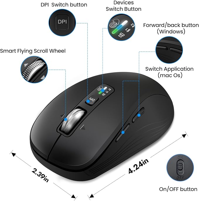 Wireless Bluetooth Mouse, 3-Device Multi-Mode (USB + 2 Bluetooth), 4-Way Metal Scroll Wheel, Adjustable DPI, Silent Click, Long Battery Life, Ergonomic Mouse for Laptop, PC, Mac, iPad (Black, 9)