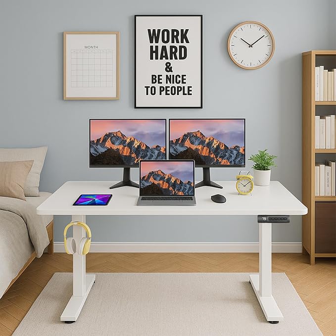 Standing Desk Adjustable Height, 48'' X 24'' Ergonomic Home Office Computer Workstations with Wheels and Hooks, 27''-45'' Lifting Range Stand Up Desk(White)