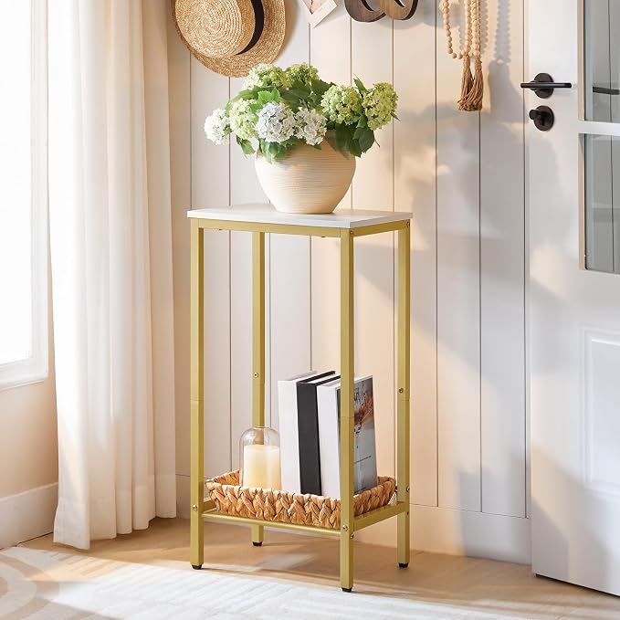 HOOBRO Tall Side Table, Industrial End Telephone Table with Adjustable Mesh Shelves, Small Tall Nightstand for Living Room, Bedroom, Entryway, Office, White and Gold DW03DH01