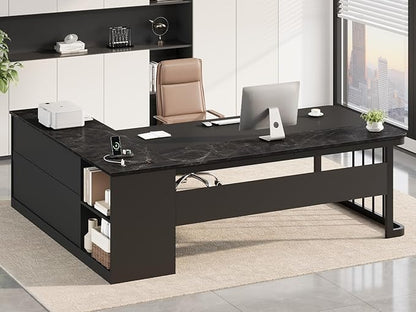 UPOSOJA 71" Executive Desk, Large Office Desk with Drawers & Storage Shelves, Modern L Shaped Computer Desk Corner Desk with Power Outlets, File Cabinet, Business Furniture Desk Workstation (Black)