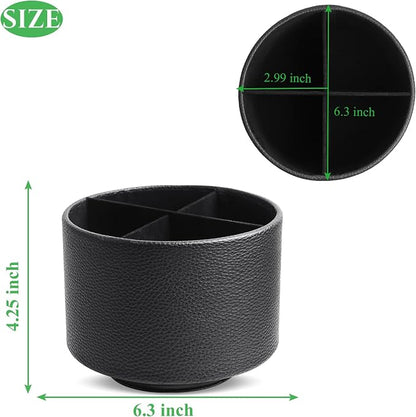 Round Leather Art Supply Organizer,Remote Control Holder,360 Degree Spinning,Multi-Functional Pencil Holder,4 Compartments Desktop Stationary Organizer(1-Lichee Black)