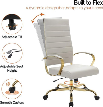 LeisureMod Modern High-Back Leather Office Chair - Swivel & Adjustable Executive Desk Chair with Gold Frame, Ergonomic Design for Home & Office (Tan, Set of 8)