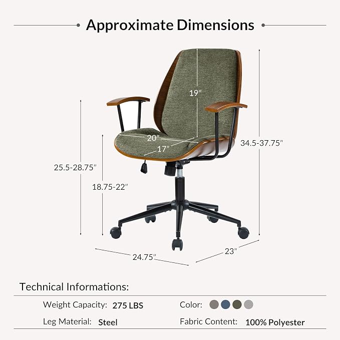 Modern Ergonomic Office Chair with Wood Frame & Metal Base, Swivel Home Office Desk Chairs with Adjustable Height, Comfy Upholstered Computer Chair, Green