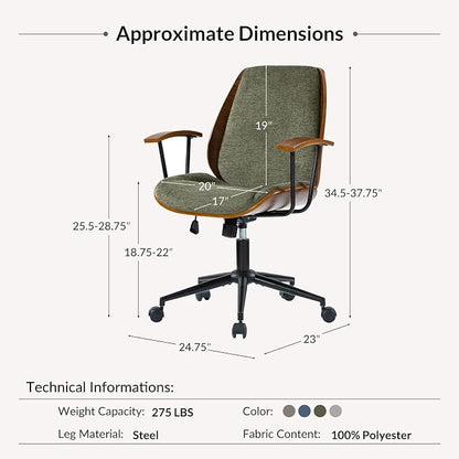 Modern Ergonomic Office Chair with Wood Frame & Metal Base, Swivel Home Office Desk Chairs with Adjustable Height, Comfy Upholstered Computer Chair, Green