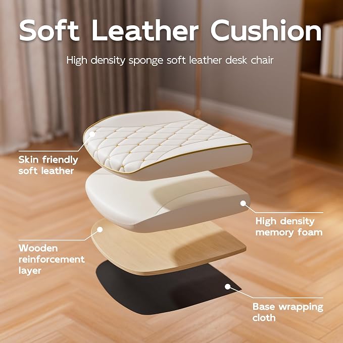 HomeZeer White and Gold Office Chair, Luxury Leather Executive Desk Chair | Elegant Timeless Appeal, Vintage Mid Back Styling with Wheels and Padded Arms, Thick High Density Foam Comfort