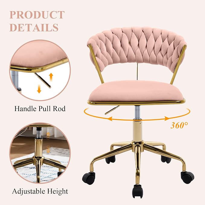 NIOIIKIT Home Office Chair, Velvet Upholstered Task Chair with Woven Open Back, 360° Swivel Desk Chair with Wheels, Adjustable Vanity Chair, Computer Chair for Office, Studio (Pink)