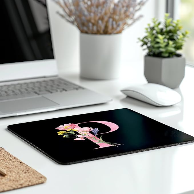 Mouse Pad Pinks Flowers Initial Letters Mousepad Desktop Laptop Computer Accessories Home Office Gaming Work Desk Computer Non-Slip Rubber Monogram Floral Alphabet A-Z mousepad (P)