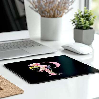 Mouse Pad Pinks Flowers Initial Letters Mousepad Desktop Laptop Computer Accessories Home Office Gaming Work Desk Computer Non-Slip Rubber Monogram Floral Alphabet A-Z mousepad (P)