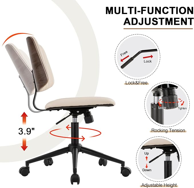 Home Office Desk Chair with Wheels,Modern Walnut Small Desk Chair,Armless Mid Back 360 Swivel Computer Chair,Adjustable Height No Arms PU Leather Chair for Office,Reading,Meeting Room (Beige)