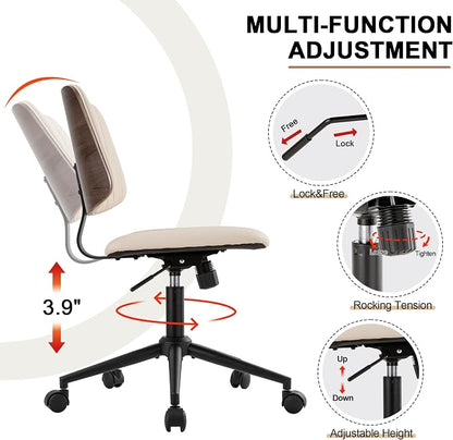 Home Office Desk Chair with Wheels,Modern Walnut Small Desk Chair,Armless Mid Back 360 Swivel Computer Chair,Adjustable Height No Arms PU Leather Chair for Office,Reading,Meeting Room (Beige)