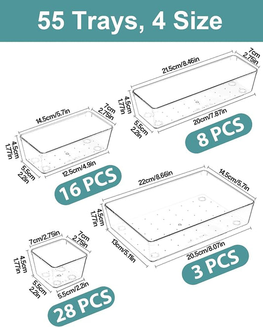 55Pcs Clear Plastic Drawer Organizers Set, 4size makeup drawer organizer trays for vanity,desk,bathroom,office,nightstand,gadgets for kitchen drawer, Versatile drawer divider storage bins