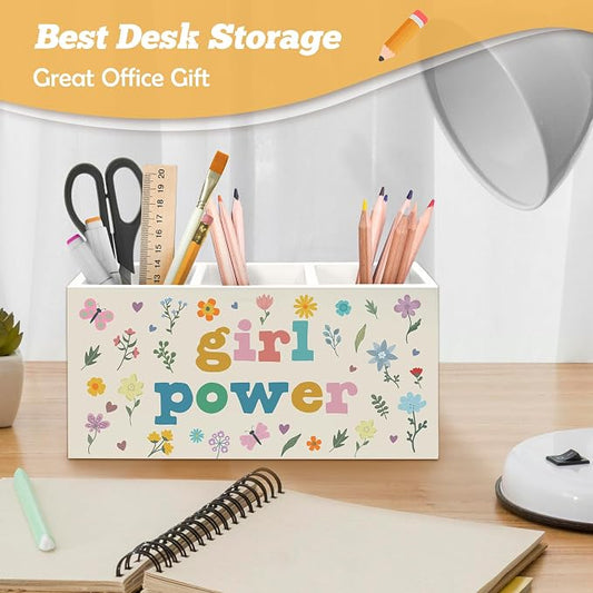 Boho Girl Power Pen Holder Organizer for Desk Accessories, Girls Room Decor, Inspirational Wildflower Wooden Box Sign Desk Decorations for Girls Room Bedroom Dorm Classroom Decor