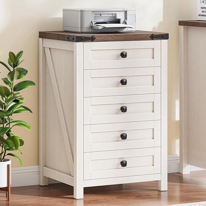 Halitaa 5 Drawer Storage Cabinet, Office Storage Cabinet with 5 Drawers, Small Farmhouse Printer Stand for Home Office, Rustic White and Brown