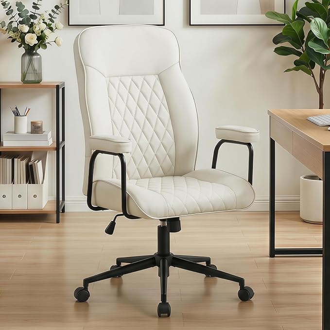 Furniliving Leather Office Chair, Comfy Home Office Desk Chair, Mid Century Modern Office Chair with Lumbar Support, Mid-Back Adjustable Swivel Computer Chair with Wheels and Arms, Cream White