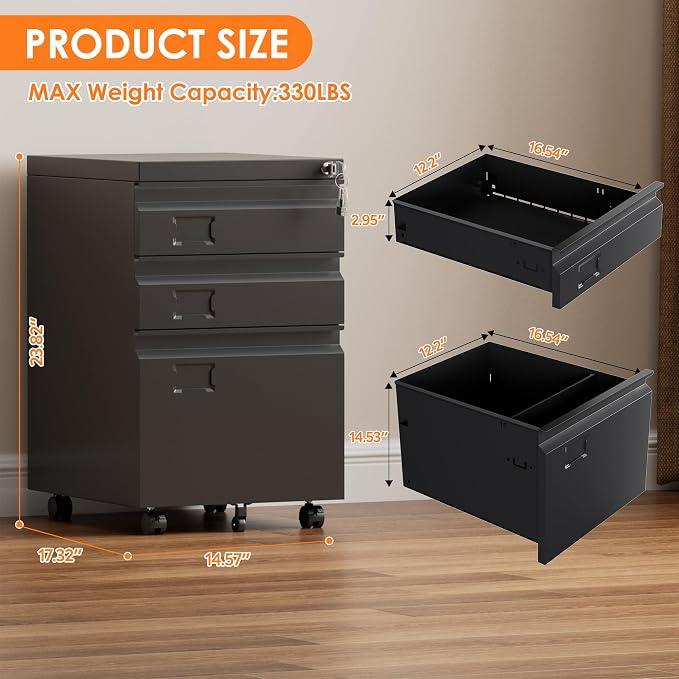 METAN Metal 3 Drawer Mobile File Cabinet with Lock, Under Desk Metal Filing Cabinet for Legal/Letter File, Need Assembley, Black