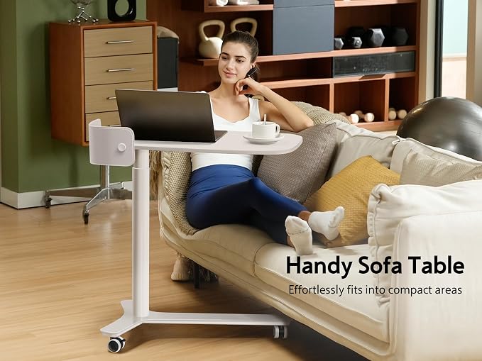 WALKINGDESK Rolling Desk Adjustable Height with Drawer and Wheels, Portable Small Standing Desk Pneumatic for Home Office, Mobile Computer Laptop Cart, Medical Sofa Overbed Table, White