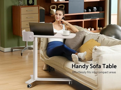 WALKINGDESK Rolling Desk Adjustable Height with Drawer and Wheels, Portable Small Standing Desk Pneumatic for Home Office, Mobile Computer Laptop Cart, Medical Sofa Overbed Table, White
