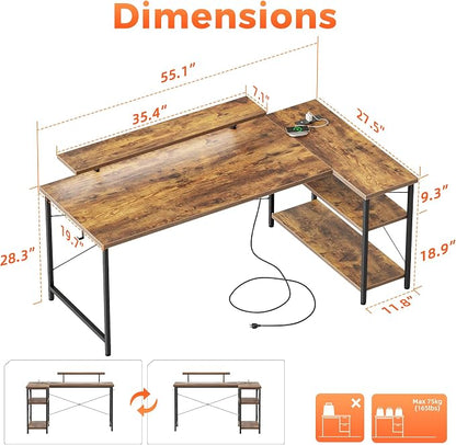 Mericonia Small L Shaped Computer Desk with Power Outlets, Reversible Gaming Desk with Storage Shelves & Monitor Stand, Corner Gamer Desk Table, Study Writing Table
