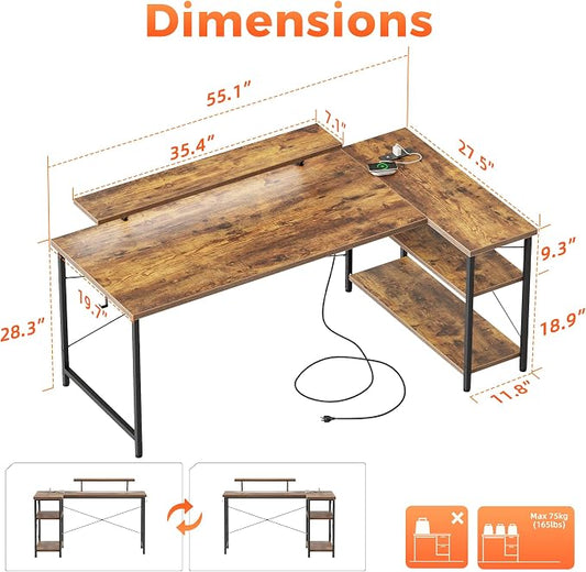Mericonia Small L Shaped Computer Desk with Power Outlets, Reversible Gaming Desk with Storage Shelves & Monitor Stand, Corner Gamer Desk Table, Study Writing Table