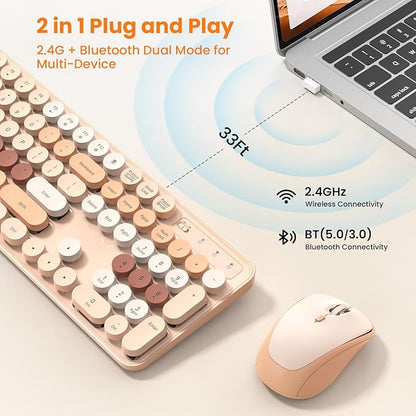TECKNET Wireless Keyboard and Mouse Combo, Dual Bluetooth & 2.4G, Full Size Retro Typewriter Keyboard with Number Pad, Quiet Round Keys, Colorful Design for Laptop, PC, Tablet, Home Office