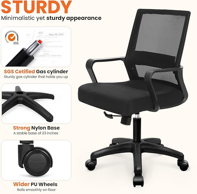 NEO CHAIR Office Desk Chair Gaming Computer Chair Ergonomic Mesh Mid Back with Rolling Wheels Lumbar Support Comfy Swivel Adjustable for Home (Black)