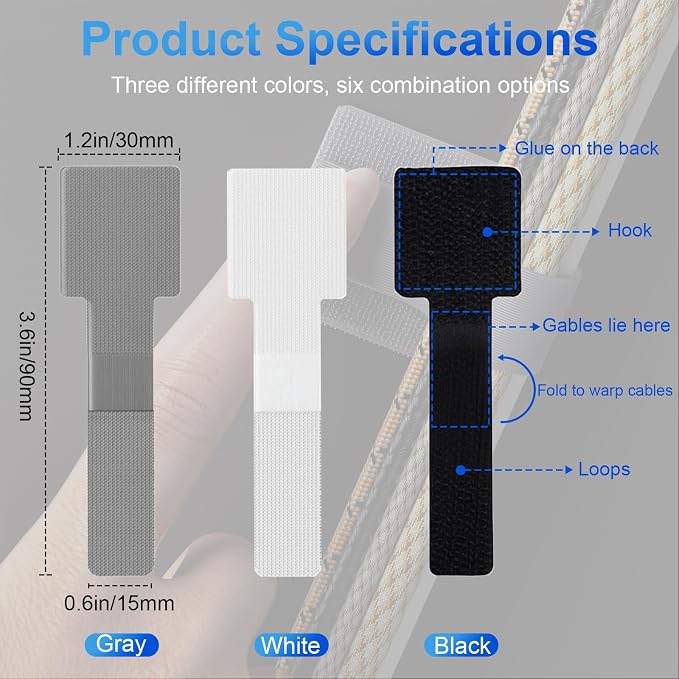 80 PCS Hook and Loop Cable Ties, Self Adhesive Cable Management Straps, Reusable Cord and Wire Organizer Clips for Under Desk, Computer, TV, Gaming Setup, Home Office and Kitchen, Black and Gray