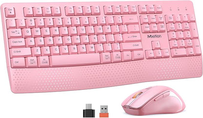 MEETION Wireless Keyboard and Mouse, Full-Sized Cordless Keyboard with Wrist Rest, 3 DPI Adjustable Mouse, Keyboard and Mouse Set with 2.4GHz USB Receiver, for PC/Computer/Laptop/Windows/Mac, Pink