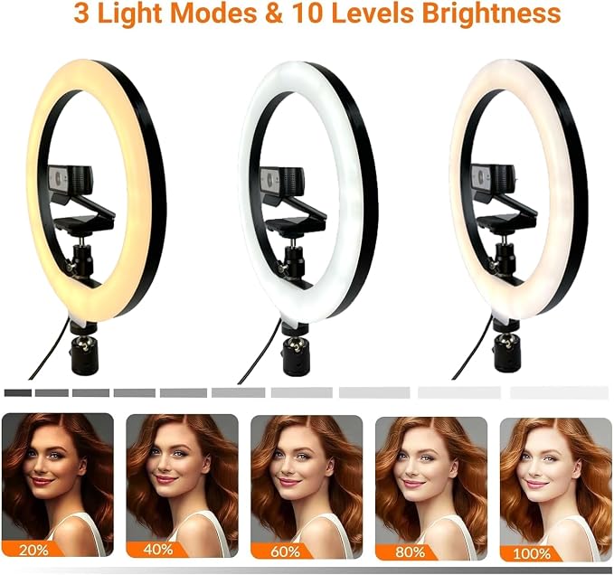 Webcam Light, Ring Light for Logitech Webcam C920,C922x,C930e,Brio 4K,C925e,MX Brio 4K,StreamCam,Brio 500,C615 1/4'' Screw Hole- 10'' Light (Without Tripod and Stand)