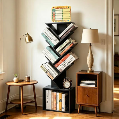 7 Tier Tree Book shelf, Small Bookcase with Reading Planner and Activity Panel, Modern Floor Standing Corner Tall Narrow Storage Cabinet Bookshelves for Home Office Bedroom Living Room (Black)