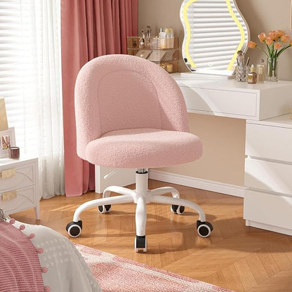 DurayLoly Vanity Chair with Wheels, Cute Desk Chair with Back, Armless Chair with Height Adjustable & 360° Swivel, Soft Lumbar Support for Small Space, Bedroom, Gentle Pink